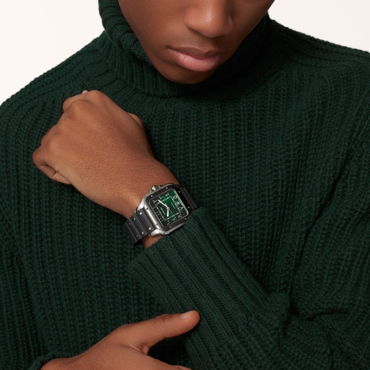 Green Santos de Cartier on the wrist